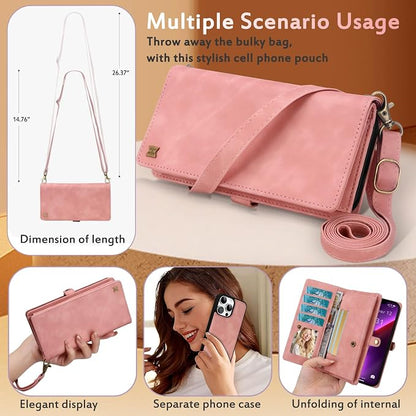 for Wallet Case Compatible with iPhone 13 Pro Max,Multi-Function Detachable 2 in 1 Magnetic iPhone 13 Pro Max Case Wallet,Flip Strap Zipper Card Holder Phone Case with Shoulder Straps (Pink)