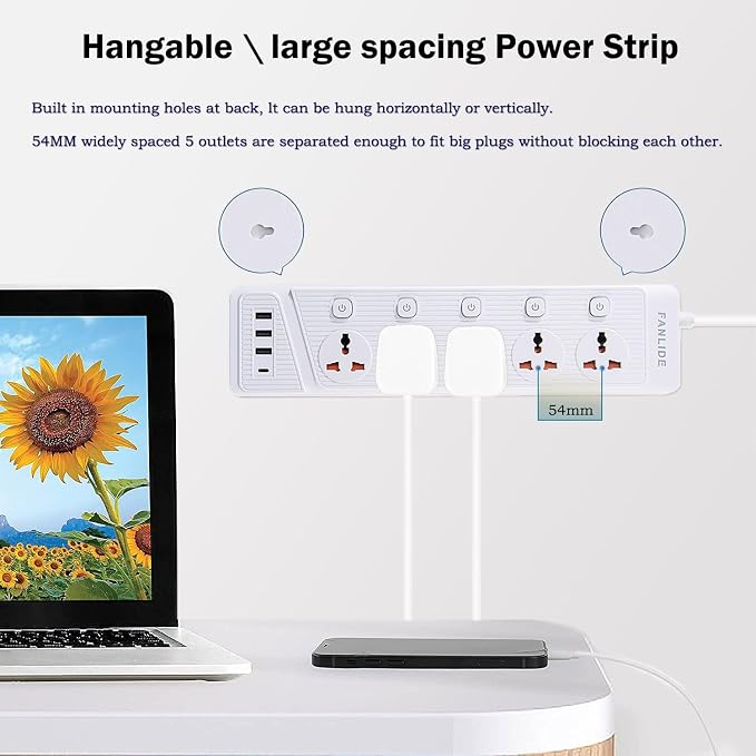 FANLIDE Universal Power Strip with USB C, 5 Outlets 3 USB and 1 USB C Ports, 6.5ft Power Cord Circuit Breaker