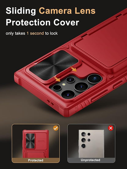 Vihibii for Samsung Galaxy S23 Ultra Case Wallet, Built-in Card Holder, Slide Camera Cover & Stand, Raised Edges Protect Screen & Military Grade Drop Protection for Galaxy S23 Ultra 5G 6.8", Dark Red