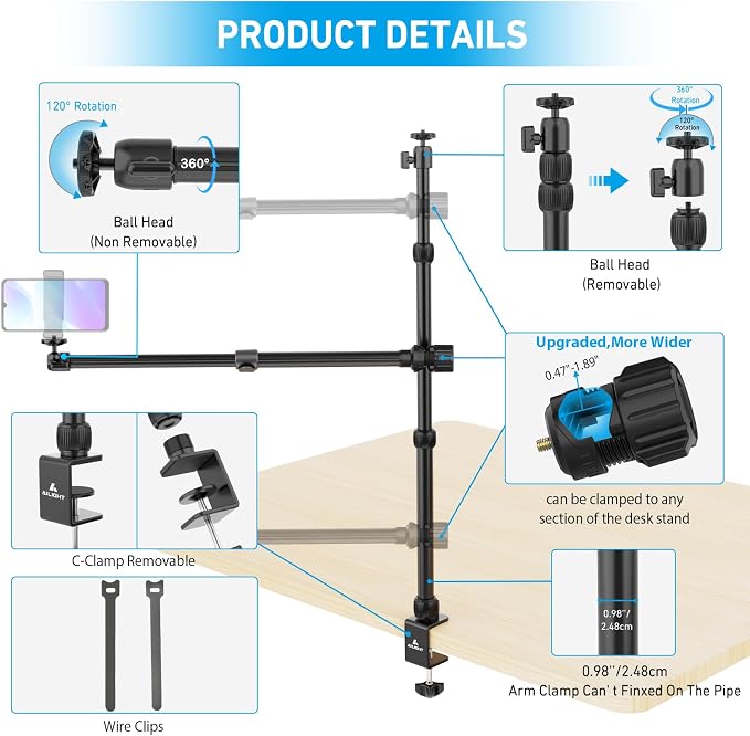 Ailight Camera Desk Mount Stand Overhead, Adjustable Microphone Boom Arm Mic Stand with Phone Holder, Camera Arm Clamp 5/8'' 3/8'' 1/4'' Screws for Shure, Blue Yeti, Rode, Elgato, Fifine, HyperX