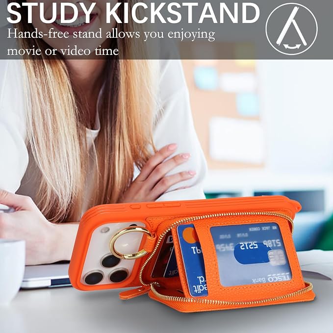 Crossbody Wallet Case for iPhone 17 Pro Max, PU Leather Zipper Handbag Purse Flip Cover, Kickstand Folio Case with Card Slots Holder Wrist Strap Lanyard 5G 6.9 Inch-Orange
