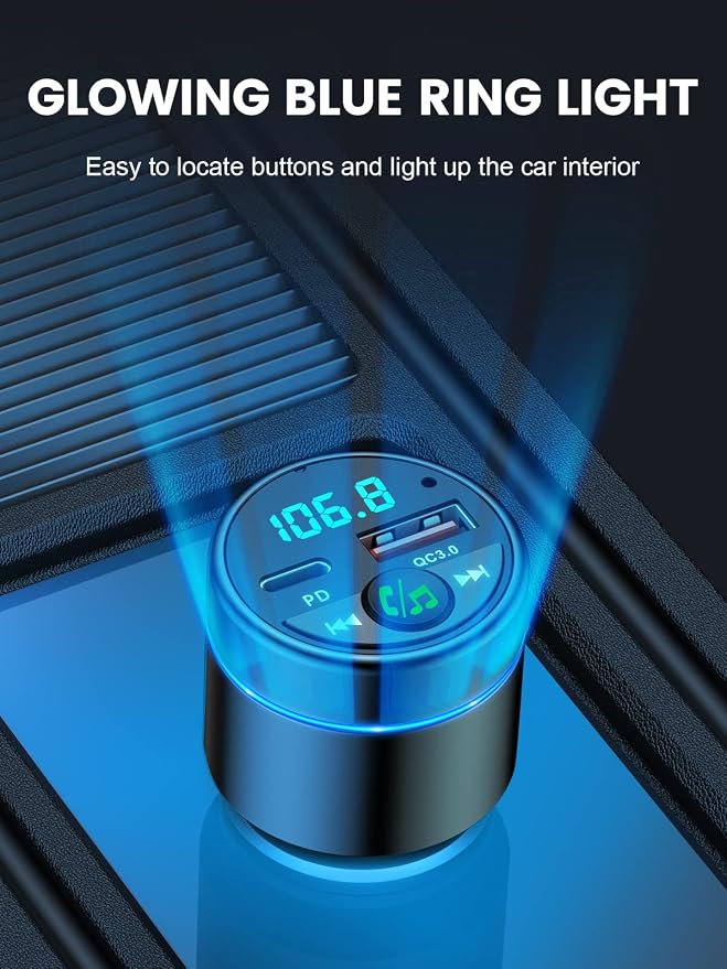 FM Transmitter for Car Bluetooth 5.3, [All-Metal] PD 30W & QC3.0 18W Fast Car Charger, Wireless FM Radio Kit Bluetooth Car Adapter, Noise Cancelling Hands-Free Call, Blue Light - Black