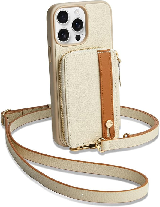 LAMEEKU for iPhone 15 Pro Wallet Case with Credit Card Holder, Zipper Leather Crossbody Case with Phone Grip Holder Stand Wrist Strap Lanyard for Women for Apple iPhone 15 Pro 6.1 inch Beige