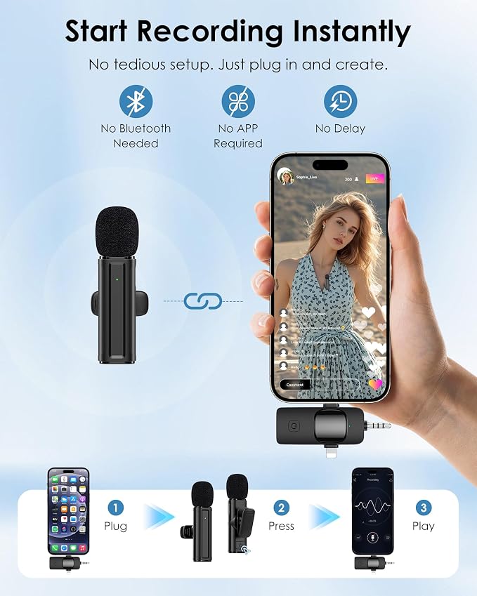 Wireless Mini Microphone for iPhone, Android, Camera, PC, 4 in 1 Lavalier Mic with 360° Rotatable Clip, Plug and Play Noise Reduction Lapel Mic for Video Recording YouTube TikTok Content Creators