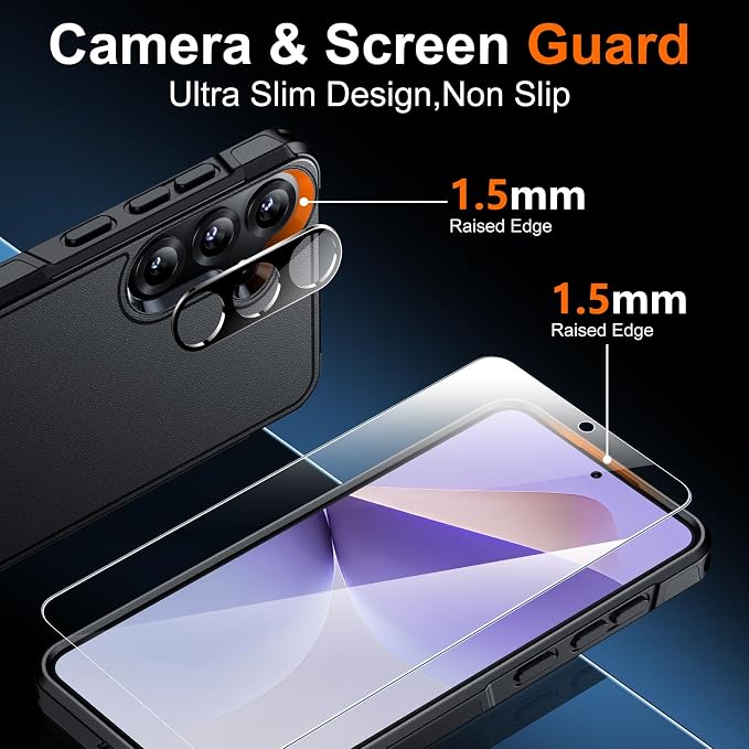 SPIDERCASE Designed for Samsung Galaxy S25 Case, [10 FT Military Grade Drop Protection], 2 Pack [Tempered Glass Screen Protector+Camera Lens Protector] Heavy Duty Shockproof Case, Black