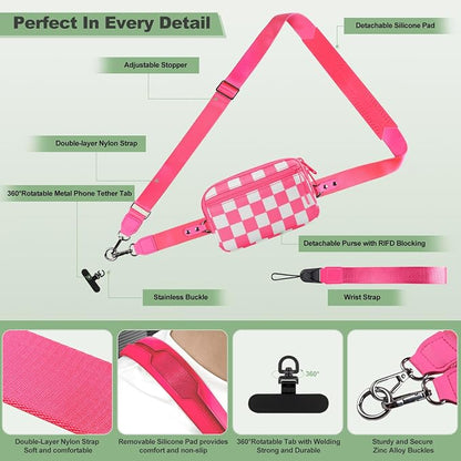 YFWE Clip and Go Strap for Phone with Wallet Crossbody, Adjustable Phone Lanyard with Detachable RFID Wristlet Wallet, Phone Strap with Phone Tabs for All Phones, Pink Checkered (M)