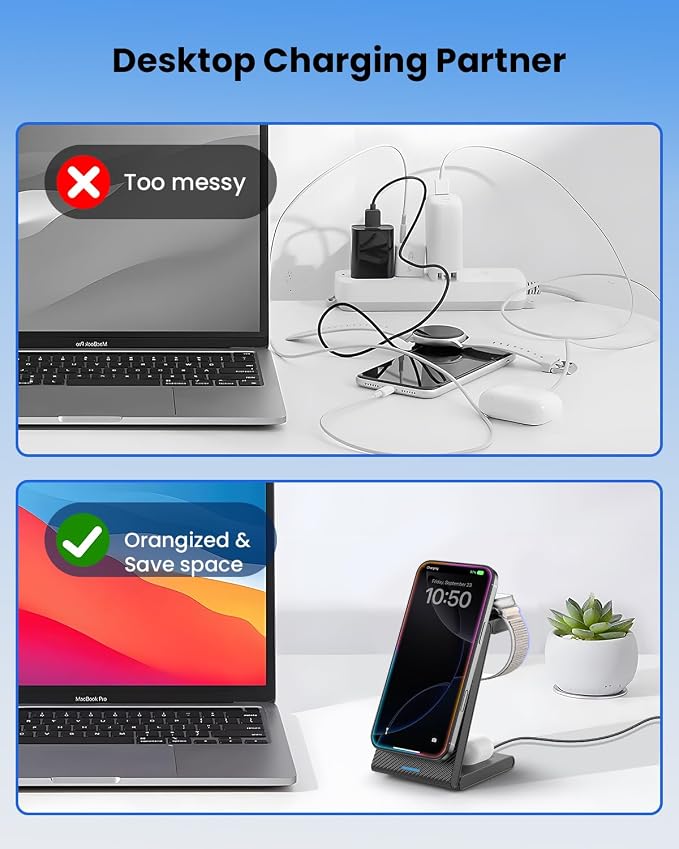 3 in 1 Wireless Charging Station, Foldable Magnetic Wireless Charger Stand for Multiple Devices, Wireless Charger for iPhone 16/15/14/13/12, Apple Watch 9/8/7/6/SE/5/4/3/2, AirPods 3/2/Pro