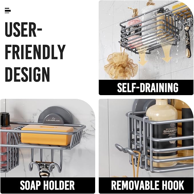 LEVERLOC Shower Caddy Suction Cup, Heavy Duty Bathroom Organizer for Inside Shower with Hooks & Soap Holder， NO-Drilling Bathroom Shower Holder-Grey