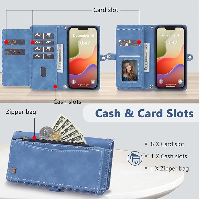 Wallet Case for iPhone 14 Plus with Card Holder/Crossbody Wallet/Strap| RFID Blocking | Magnetic | Kickstand | Detachable | PU Leather Phone Case for iPhone 14 Plus,6.7 in,Sky Blue