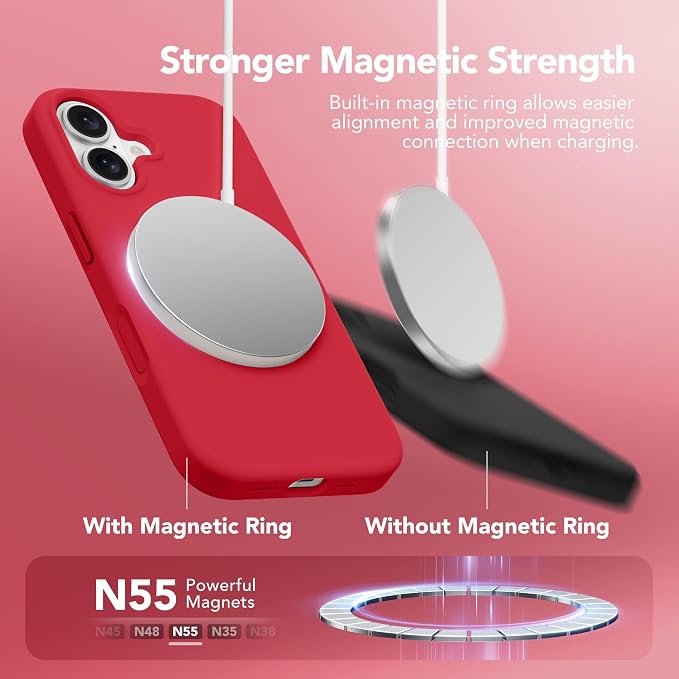 GONEZ Magnetic for iPhone 16 Case, Compatible with MagSafe, [Screen Protector + Camera Lens Protector], Liquid Silicone Shockproof Protective Phone Case for iPhone 16 6.1", Red