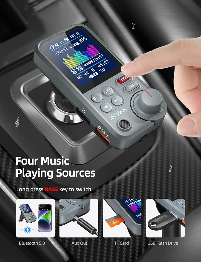 Nulaxy FM Bluetooth Transmitter for car, Strong Microphone Bluetooth Car Adapter with 1.8" Color Screen for Hands-Free Calls, Supports QC3.0 Charging, Treble and Bass Sound Music Player- KM30 Grey