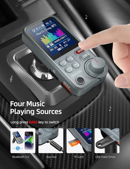 Nulaxy FM Bluetooth Transmitter for car, Strong Microphone Bluetooth Car Adapter with 1.8" Color Screen for Hands-Free Calls, Supports QC3.0 Charging, Treble and Bass Sound Music Player- KM30 Grey