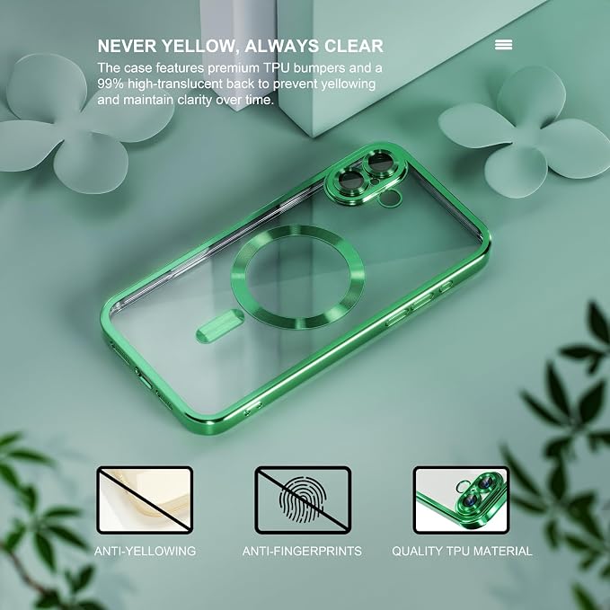 Misea Magnetic for iPhone 16 Case Compatible with MagSafe [Never Yellowing] [Military Grade Drop Protection] Full Camera Lens Protector Plating Soft Clear Phone Case for Women 6.1 inch, Green
