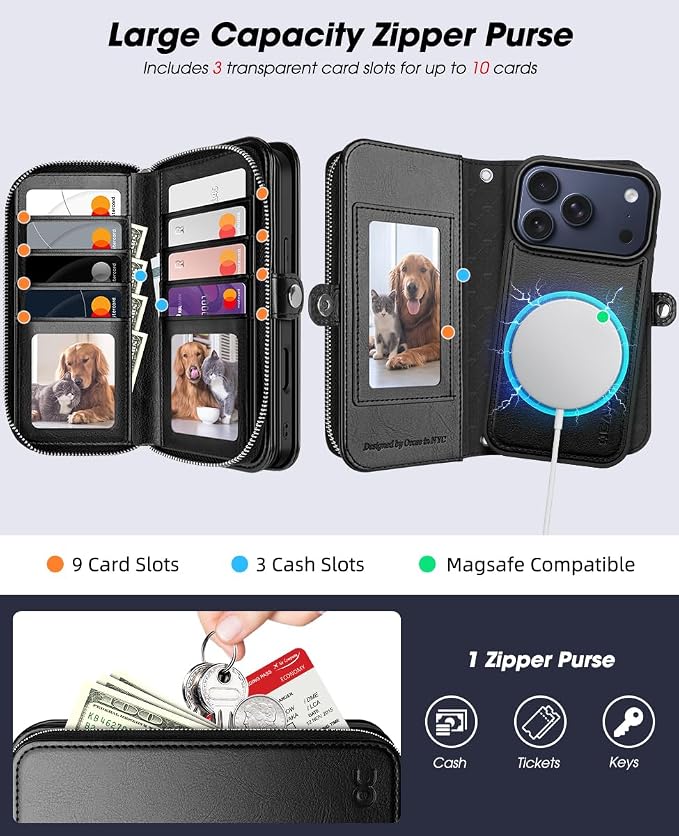OCASE for iPhone 17 Pro Max Crossbody Detachable Wallet Case, PU Leather Handbag Phone Purse with Zipper Closure, Card Slots & RFID Blocking, Wrist Strap, Lanyard, Kickstand, Black