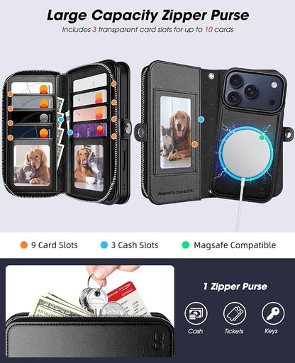OCASE for iPhone 17 Pro Max Crossbody Detachable Wallet Case, PU Leather Handbag Phone Purse with Zipper Closure, Card Slots & RFID Blocking, Wrist Strap, Lanyard, Kickstand, Black
