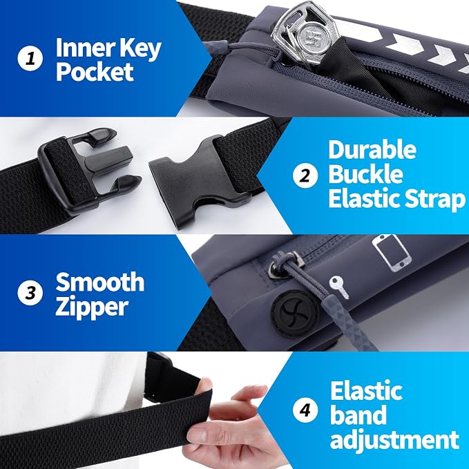 USHAKE Slim Running Belt for Women Men-Runners Phone Holder Fanny Pack, Adjustable, Bounce Free Waist Pouch bag for Workout, Money Belt, Run Gear Accessories Dark Grey