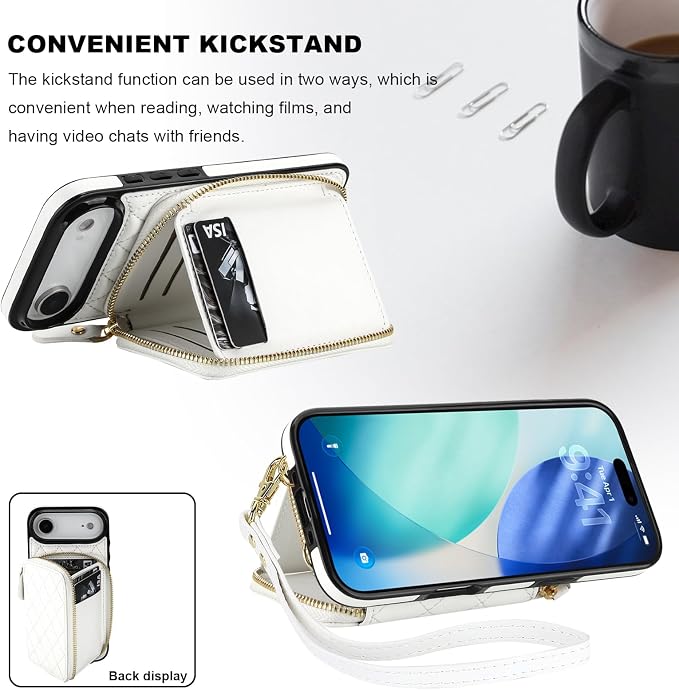 Bocasal Crossbody Wallet Case for iPhone 17 Air, RFID Blocking PU Leather Zipper Handbag Purse Flip Cover, Kickstand Folio Case with Card Slots Holder Wrist Strap Lanyard 5G 6.5 Inch (White)