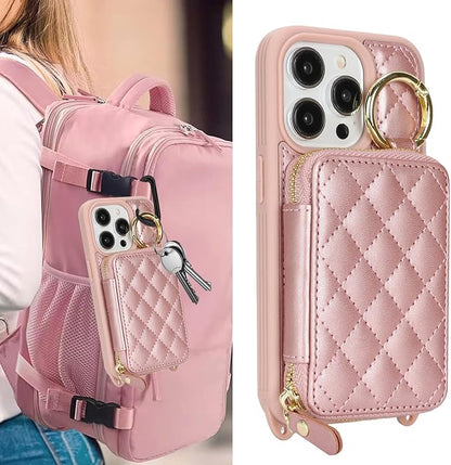 Crossbody Wallet Case for iPhone 14 Pro, PU Leather Zipper Handbag Purse Flip Cover, Kickstand Folio Case with Card Slots Holder Wrist Strap Lanyard 5G 6.1 Inch-Rose Gold