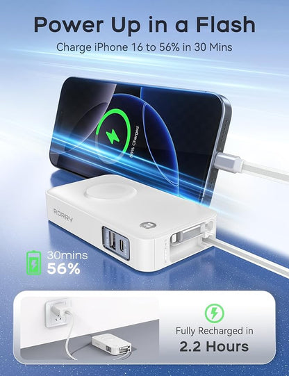RORRY Portable Charger, 10,000mAh 30W Fast Charging Power Bank with Built-in Retractable Cables, Travel Battery Pack for iPhone 17/16/15/14/13/12, Apple Watch, iPad and More, White