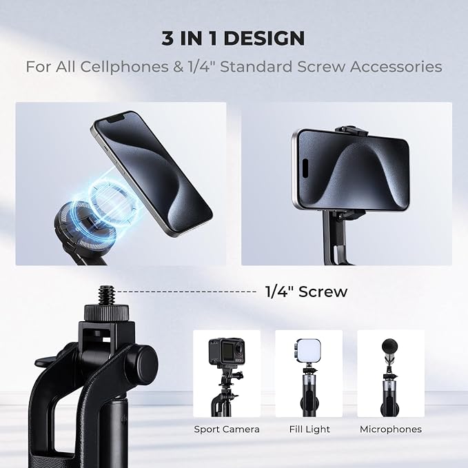 K&F CONCEPT Popod 72" Phone Tripod, 3-in-1 Clip & Magnetic Selfie Stick with Remote, Automatic Phone Tripod Stand, Compatible with iPhone 17-12 Series Pocket 3 Android Phones 1/4" Screw Accessories
