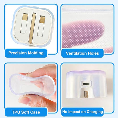 DIY Charger Cover Compatible with Apple 40W Dynamic Power Adapter, Crystal Wave Soft TPU Charger Case+Exquisite Laser Cable Protector for iPhone 17 Pro, White Butterfly with Silver Trim (5in1)