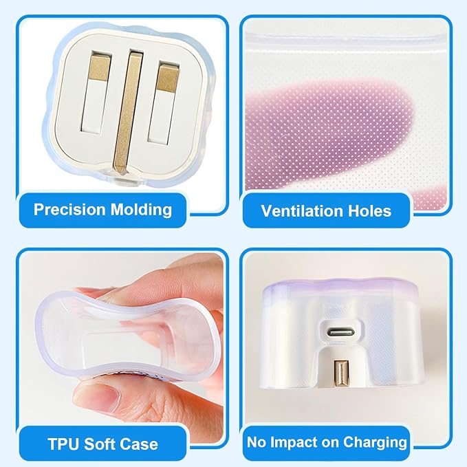 Charger Cover Set, Compatible with Apple 40W Dynamic Power Adapter (with 60W Max), Cute Wave-Shaped Flexible TPU Charger Case+ Exquisite Cable Protector for Charging Cables, Pink Cherry (5in1)