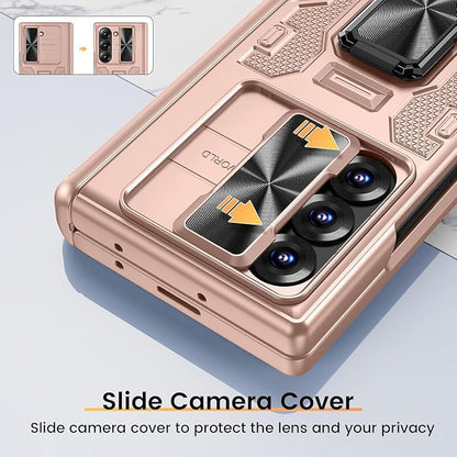 VEGO for Galaxy Z Fold 6 Case with Hinge Protection & Screen Protector | Built-in Slide Lens Cover & 360° Rotating Kickstand] Hard PC Full-Body Drop Protection Phone Case for Samsung Z Fold 6 -Gold