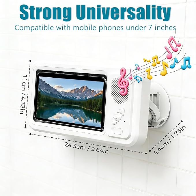2026 Waterproof Phone Holder for Shower with Bluetooth Speaker,360° Rotatable Mount with Volume Adjustment Button,Shower Phone Holder Waterproof for 4" - 7" Cell Phone