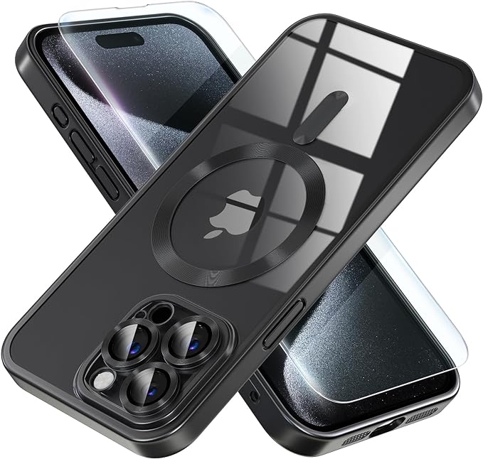 Misea Magnetic for iPhone 15 Pro Max Case [Never Yellowing] [Military Grade Drop Protection] Full Camera Lens Protector Soft Clear Phone Case for Women Girls, Titanium Black