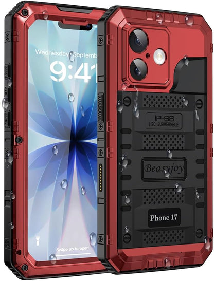 Beasyjoy for iPhone 17 Case Waterproof, Heavy Duty Metal Full Body Protection, Built-in Screen Protector, Military Grade Shockproof Dustproof Rugged Cover for iPhone 17 6.3 inch, Red