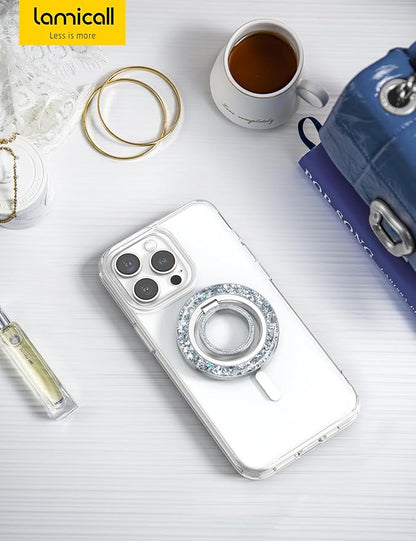 Lamicall Magnetic Phone Ring for MagSafe Grip - [Super Magnet] Stylish Ring Holder Stand with [Upgrade Gear Hinge], for iPhone 17 16 15 14 Pro Max Air, Mag Safe Women Decor Accessories, Glitter Silver