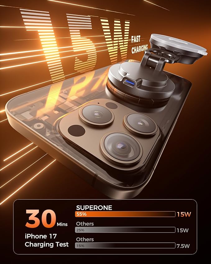 SUPERONE for MagSafe Car Mount Charger, 15W Fast Charging Magnetic Wireless Car Charger [88+LBS Ultra Suction & 2800gf Strong Magnetic] 360° Vacuum Magnetic Phone Holder for iPhone