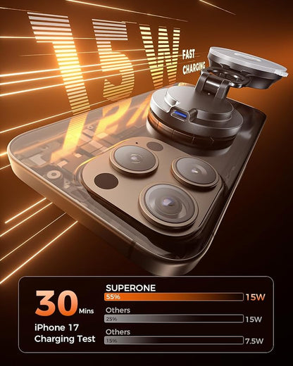 SUPERONE for MagSafe Car Mount Charger, 15W Fast Charging Magnetic Wireless Car Charger [88+LBS Ultra Suction & 2800gf Strong Magnetic] 360° Vacuum Magnetic Phone Holder for iPhone