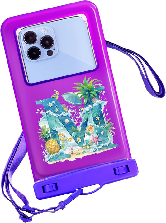 Personalized Initial Waterproof Phone Pouch Case - IPX8 Cellphone Dry Bag with Lanyard for iPhone 16/15/14/13/12 Pro Max (6.1–6.9"), Beach & Cruise Ship Essentials with Monogrammed Design (Purple, M)