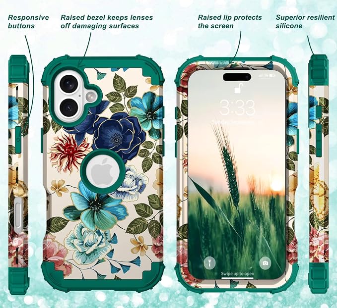 Hocase for iPhone 16 Case 6.1", Heavy Duty Shockproof Protection Soft Silicone Rubber+Hard Plastic Bumpers Hybrid Protective Case for iPhone 16 2024 - Teal Flowers