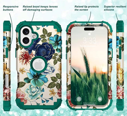 Hocase for iPhone 16 Case 6.1", Heavy Duty Shockproof Protection Soft Silicone Rubber+Hard Plastic Bumpers Hybrid Protective Case for iPhone 16 2024 - Teal Flowers