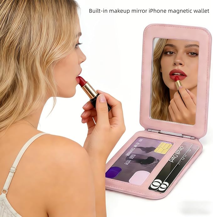 Upgraded for Magsafe Wallet, Strong Magnetic Phone Wallet with Adjustable Stand, Built in Makeup Mirror, 5 Card Holder, RFID Blocking (Pink Fold)