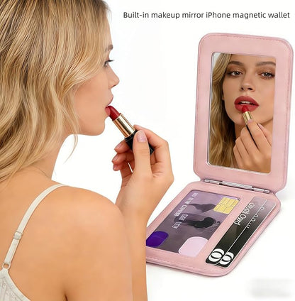 Upgraded for Magsafe Wallet, Strong Magnetic Phone Wallet with Adjustable Stand, Built in Makeup Mirror, 5 Card Holder, RFID Blocking (Pink Fold)