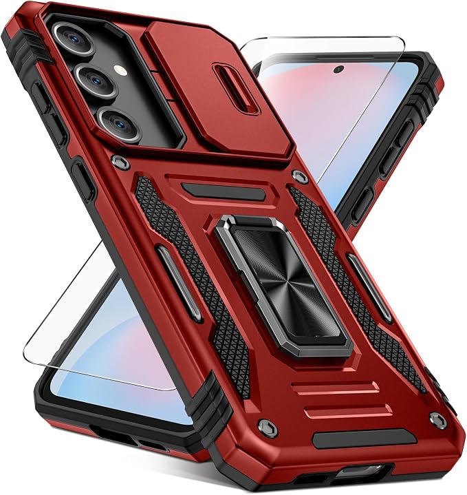 Caka for Samsung Galaxy S24 FE Case [HD Screen Protector] [Full Camera Lens Cover] [360°Rotated Kickstand Ring] [Heavy Duty Protection] Hard Rugged Protective Phone Cover for S24 FE - Red