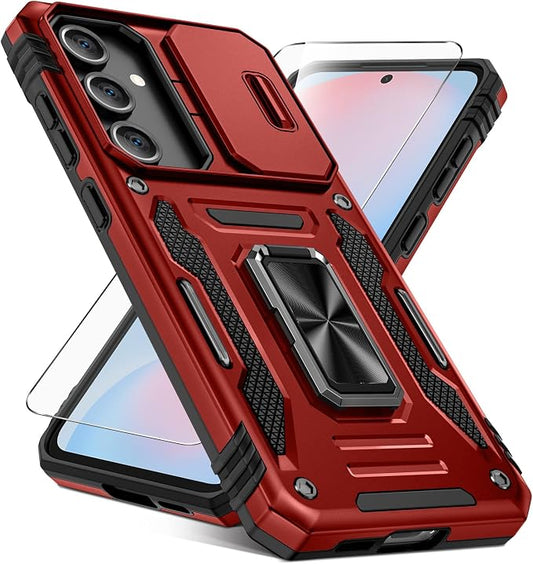 Caka for Samsung Galaxy S24 FE Case [HD Screen Protector] [Full Camera Lens Cover] [360°Rotated Kickstand Ring] [Heavy Duty Protection] Hard Rugged Protective Phone Cover for S24 FE - Red