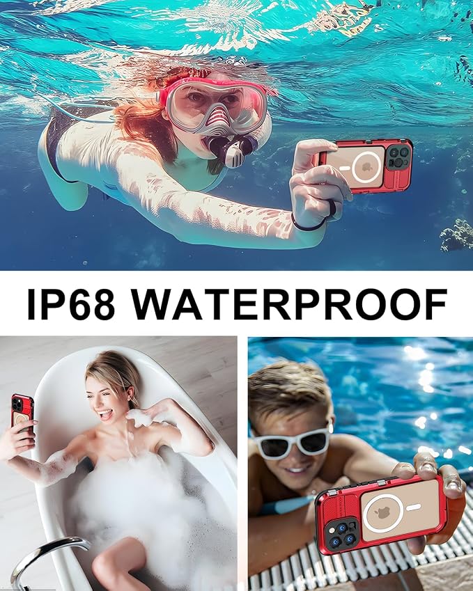 WIFORT for iPhone 13 Pro Waterproof Case - Metal 360 Full Body [IP68 Water Proof][Built-in Screen Protector][14FT Military Shockproof][Compatible with MagSafe] Dustproof Protective Cover, 6.1" Red
