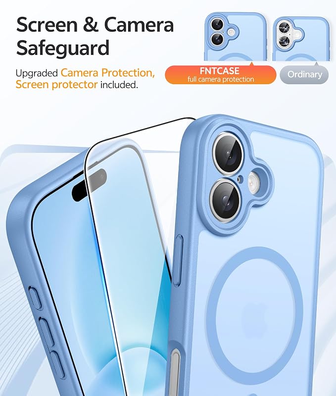 FNTCASE for iPhone 16 Case [Compatible with Magsafe] Translucent Matte Cases with [Screen Protector] Military Grade Shockproof Protective Phone Cover - Light Blue
