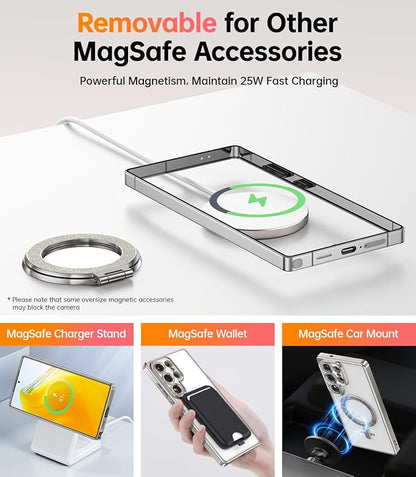 Meifigno Magnetic Case with Removable Phone Ring Stand for Samsung Galaxy S25 Ultra, [Glitter Card & Wrist Strap] [MagSafe Compatible] [Built in Mirror] Phone Ring Stand + Phone Case Kit, Silver
