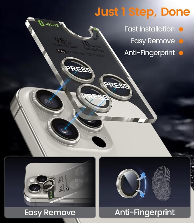 iGluz 2 Pack Anti-Reflection Camera Lens Protector for iPhone 15 Pro/iPhone 15 Pro Max [Anti-fog Coating][1-Step Installation Tray][Strong Adsorption] 9H Shatterproof Tempered Glass-White Titanium