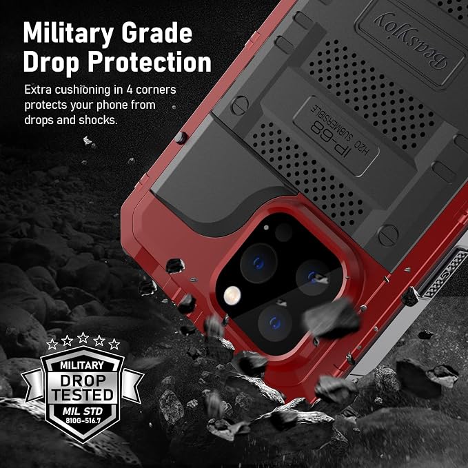 Beasyjoy for iPhone 13 Pro Max Case, Metal Waterproof Phone Case with Built-in Screen Protector, Full Body Protective Military Grade Shockproof Heavy Duty Rugged Defender Cover 6.7 Inch, Red