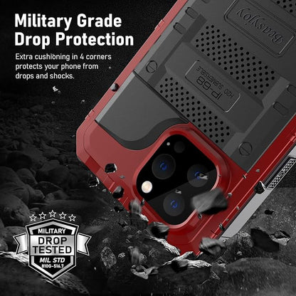 Beasyjoy for iPhone 13 Pro Max Case, Metal Waterproof Phone Case with Built-in Screen Protector, Full Body Protective Military Grade Shockproof Heavy Duty Rugged Defender Cover 6.7 Inch, Red