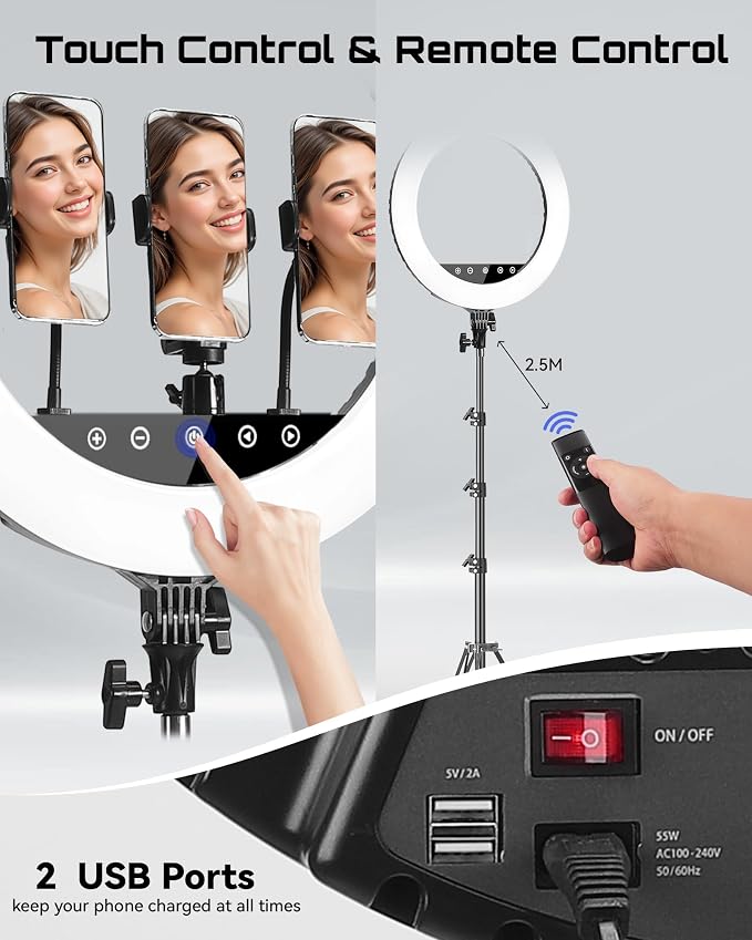 18" Professional LED Ring Light Kit with Tripod,CRI≥95, 3000K-6000K Adjustable Brightness & Color Temp, Includes Phone Holder & Remote for Live Streaming, YouTube, TikTok, Photography, Makeup