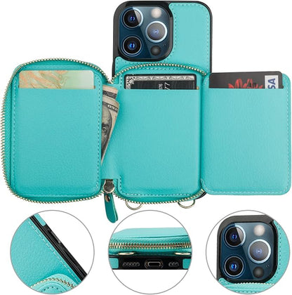 Bocasal RFID Blocking Wallet Case for iPhone 13 Pro, Adjustable Crossbody Zipper Purse Case Card Holder with Kickstand Detachable Wrist Strap, PU Leather Flip Folio Case 6.1 Inch 5G (Mint Green)