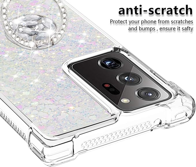 Glitter Phone Case for Galaxy Note 20 Ultra, Bling Liquid Case Bumper Protective Cover with Ring Holder Silicone Shockproof Case Transparent Back Case Compatible with Samsung Galaxy Note 20 Ultra