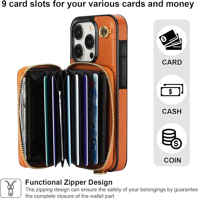 Bocasal Crossbody Wallet Case for iPhone 15 Pro, RFID Blocking Leather Purse Case with Card Holder, Protective Handbag Flip Cover with Zipper Wrist Strap Lanyard for Women 5G 6.1 Inch (Brown)